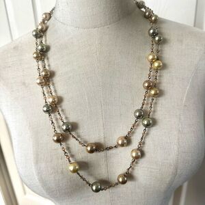 Green crystal faux pearl long necklace